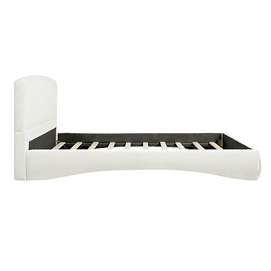 Pnronnc Curved Boucle Upholstered Platform Bed Frame Low-Profile Bed with Smart Ambient LED Light