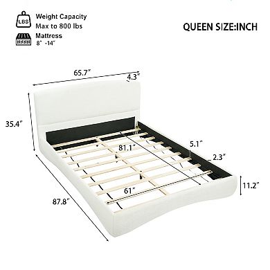 Pnronnc Curved Boucle Upholstered Platform Bed Frame Low-Profile Bed with Smart Ambient LED Light