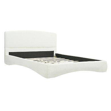 Pnronnc Curved Boucle Upholstered Platform Bed Frame Low-Profile Bed with Smart Ambient LED Light
