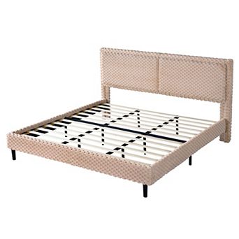 Pnronnc Plush Upholstered Bed Frame Low-Profile Platform Bed with Padded Headboard