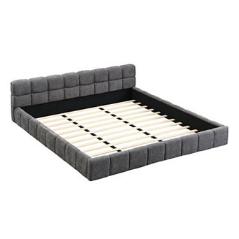 Pnronnc Platform Bed Frame Chenille Upholstered Bed with Checkerboard Headboard