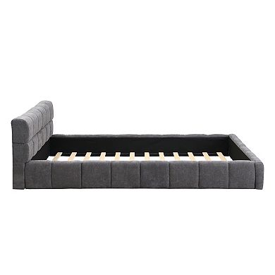 Pnronnc Platform Bed Frame Chenille Upholstered Bed with Checkerboard Headboard