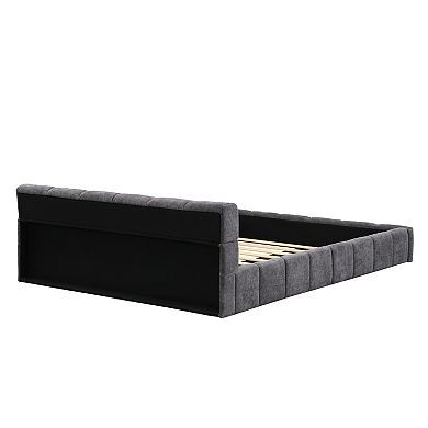 Pnronnc Platform Bed Frame Chenille Upholstered Bed with Checkerboard Headboard