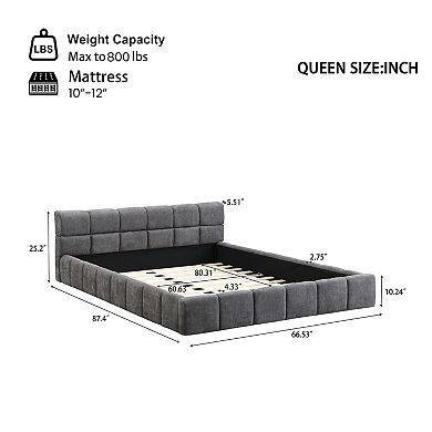 Pnronnc Platform Bed Frame Chenille Upholstered Bed with Checkerboard Headboard