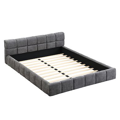 Pnronnc Platform Bed Frame Chenille Upholstered Bed with Checkerboard Headboard