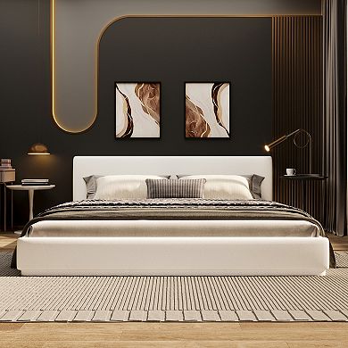 Pnronnc Upholstered Platform Bed Frame with Padded Headboard and Wooden Slats