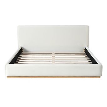 Pnronnc Curved Upholstered Platform Bed Low-Profile Bed Frame with Wooden Slat Support