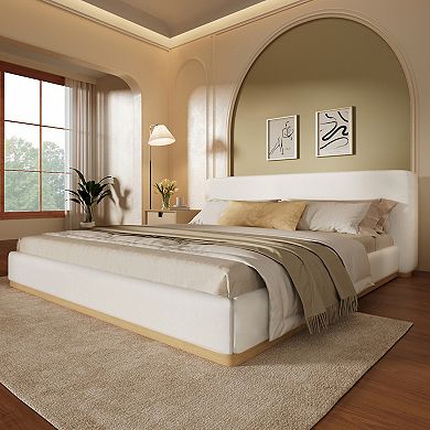 Pnronnc Curved Upholstered Platform Bed Low-Profile Bed Frame with Wooden Slat Support
