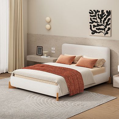 Pnronnc Boucle Platform Bed Upholstered Bed Frame with Wooden Slats and Bed Legs