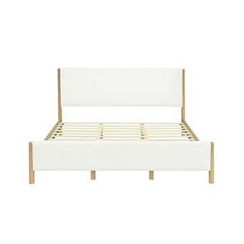 Pnronnc Boucle Upholstered Platform Bed Low-Profile Bed Frame with Wooden Slat Support