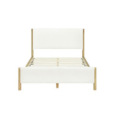 Pnronnc Boucle Upholstered Platform Bed Low-Profile Bed Frame with Wooden Slat Support
