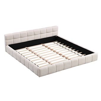 Pnronnc Chenille Upholstered Platform Bed Frame with Checkerboard Headboard Design