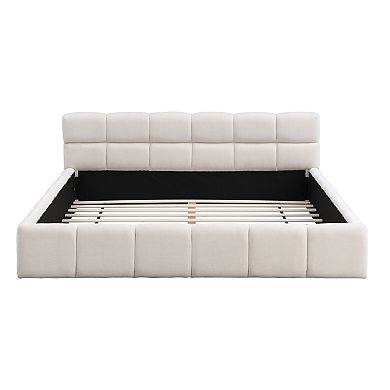 Pnronnc Chenille Upholstered Platform Bed Frame with Checkerboard Headboard Design