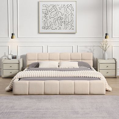 Pnronnc Chenille Upholstered Platform Bed Frame with Checkerboard Headboard Design