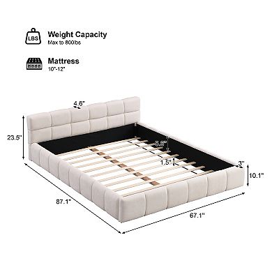 Pnronnc Chenille Upholstered Platform Bed Frame with Checkerboard Headboard Design