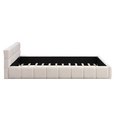 Pnronnc Chenille Upholstered Platform Bed Frame with Checkerboard Headboard Design