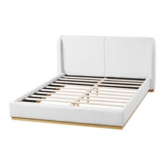 Pnronnc Boucle Wingback Floor Bed Frame Platform Bed with Slat Support