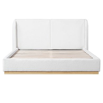 Pnronnc Boucle Wingback Floor Bed Frame Platform Bed with Slat Support