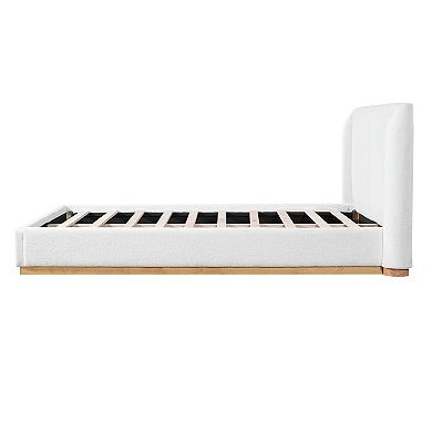 Pnronnc Boucle Wingback Floor Bed Frame Platform Bed with Slat Support