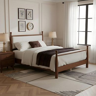 Pnronnc Wood Platform Bed Frame with Upholstered Headboard and Slat Support