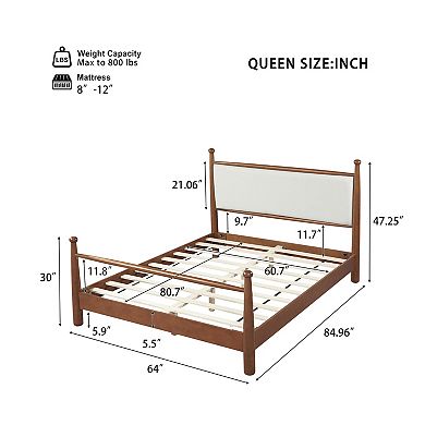Pnronnc Wood Platform Bed Frame with Upholstered Headboard and Slat Support