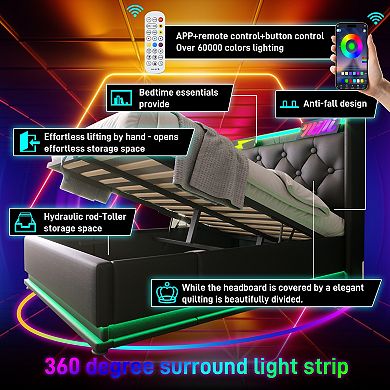 Pnronnc LED Hydraulic Storage Bed Upholstered Headboard PU Platform Bed with USB and Type-C Charging