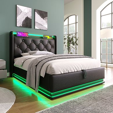 Pnronnc LED Hydraulic Storage Bed Upholstered Headboard PU Platform Bed with USB and Type-C Charging
