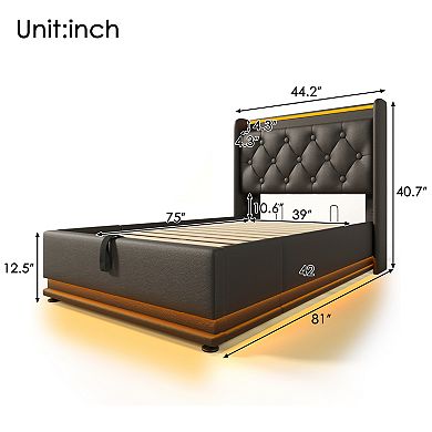 Pnronnc LED Hydraulic Storage Bed Upholstered Headboard PU Platform Bed with USB and Type-C Charging
