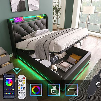 Pnronnc LED Hydraulic Storage Bed Upholstered Headboard PU Platform Bed with USB and Type-C Charging