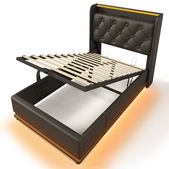 Pnronnc LED Hydraulic Storage Bed Upholstered Headboard PU Platform Bed with USB and Type-C Charging