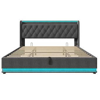 Pnronnc LED Hydraulic Storage Bed Upholstered Headboard PU Platform Bed with USB and Type-C Charging