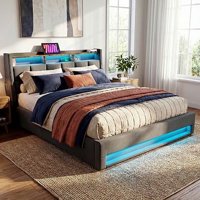 Pnronnc Upholstered Platform Bed Hydraulic Storage Bed Frame with LED and Charging Station
