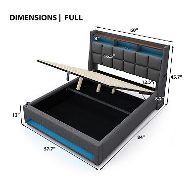 Pnronnc Upholstered Platform Bed Hydraulic Storage Bed Frame with LED and Charging Station