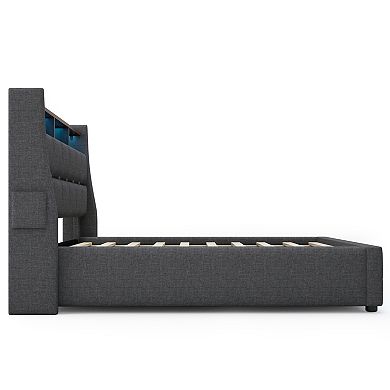 Pnronnc Upholstered Platform Bed Hydraulic Storage Bed Frame with LED and Charging Station