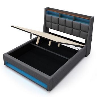 Pnronnc Upholstered Platform Bed Hydraulic Storage Bed Frame with LED and Charging Station
