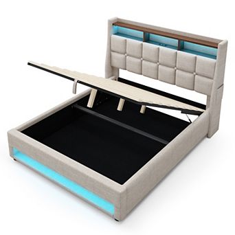 Pnronnc Upholstered Platform Bed Hydraulic Storage Bed Frame with LED and Charging Station