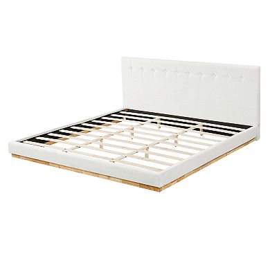 Pnronnc Upholstered Tufted Floor Bed Platform Bed with Headboard No Box Spring Needed