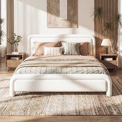 Pnronnc Boucle Upholstered Platform Bed Frame with Curved Headboard
