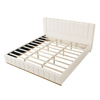Pnronnc Elegant Striped Fabric Upholstered Bed Frame Modern Platform Bed with Padded Headboard