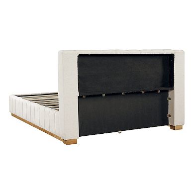 Pnronnc Elegant Striped Fabric Upholstered Bed Frame Modern Platform Bed with Padded Headboard