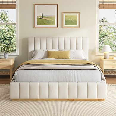 Pnronnc Elegant Striped Fabric Upholstered Bed Frame Modern Platform Bed with Padded Headboard