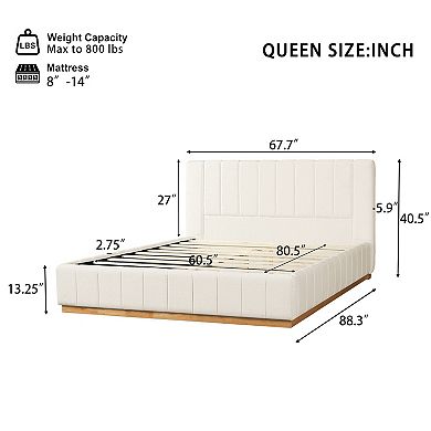 Pnronnc Elegant Striped Fabric Upholstered Bed Frame Modern Platform Bed with Padded Headboard