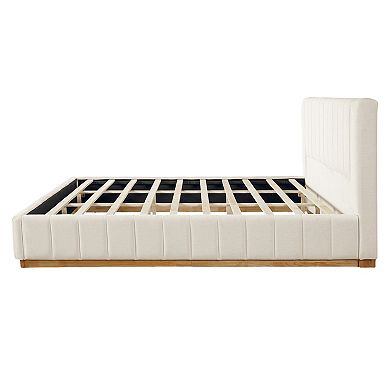 Pnronnc Elegant Striped Fabric Upholstered Bed Frame Modern Platform Bed with Padded Headboard