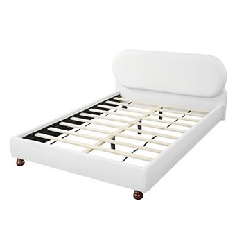 Pnronnc Boucle Upholstered Low-Profile Bed Platform Bed Frame with Wood Gourd Legs