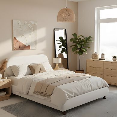 Pnronnc Boucle Upholstered Low-Profile Bed Platform Bed Frame with Wood Gourd Legs