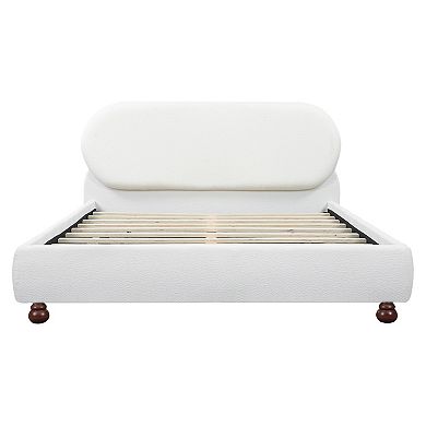 Pnronnc Boucle Upholstered Low-Profile Bed Platform Bed Frame with Wood Gourd Legs