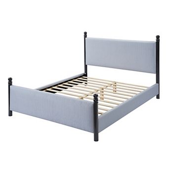 Pnronnc Striped Rubberwood Upholstered Bed Frame Platform Bed with High Headboard