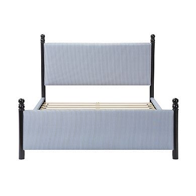 Pnronnc Striped Rubberwood Upholstered Bed Frame Platform Bed with High Headboard