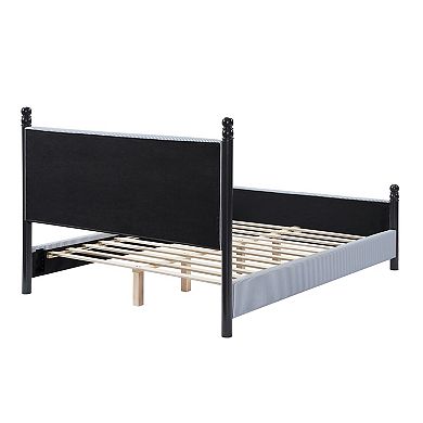 Pnronnc Striped Rubberwood Upholstered Bed Frame Platform Bed with High Headboard