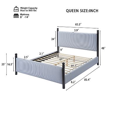 Pnronnc Striped Rubberwood Upholstered Bed Frame Platform Bed with High Headboard